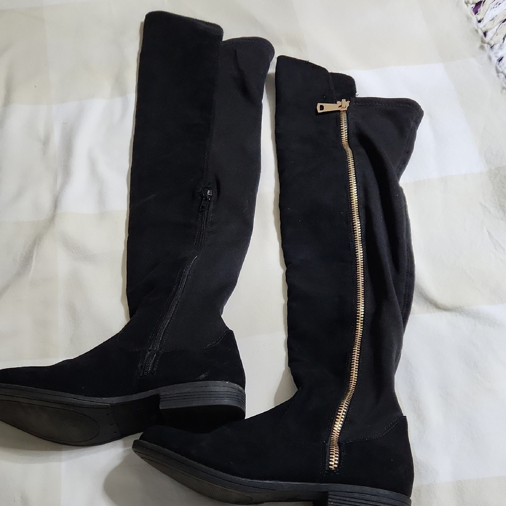 BAMBOO Black Over the Knee Boots with Gold Accent